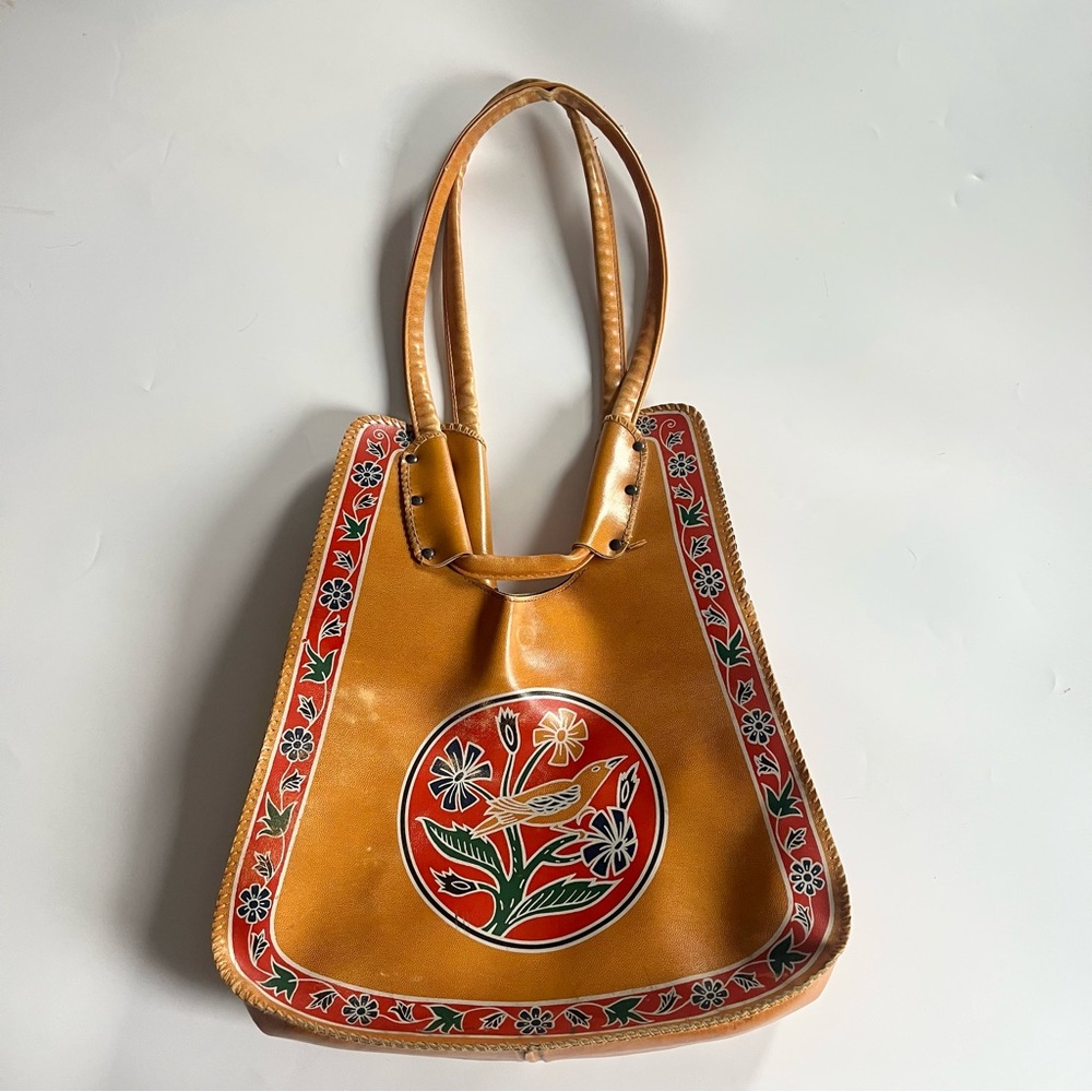 Vintage Tan Leather Tote with Red Floral Inlay